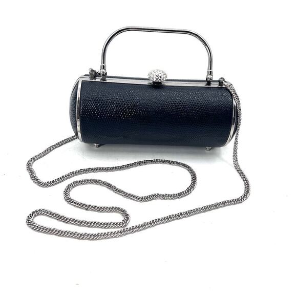 Black & Silver Cylinder Shaped Convertible Clutch Crossbody Small Evening Bag - Picture 1 of 7